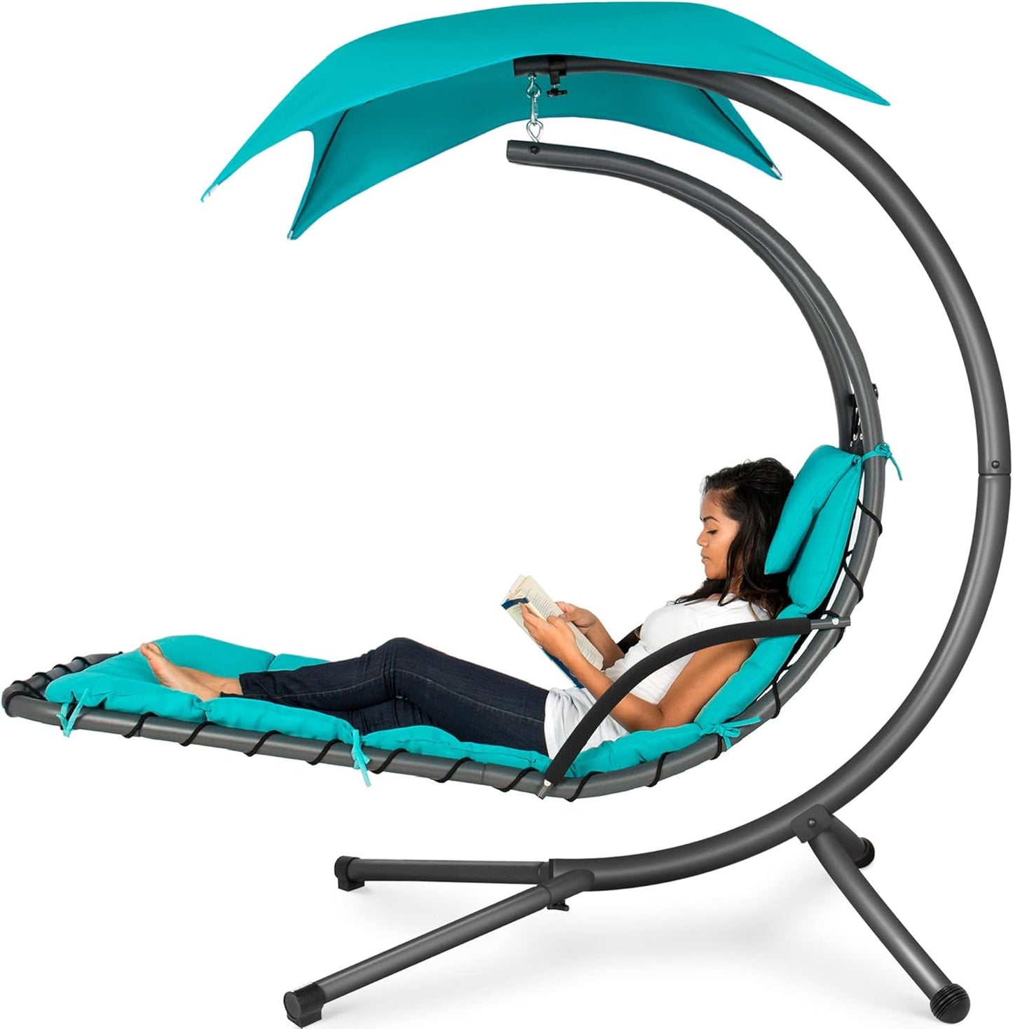 Best Choice Products Outdoor Hanging Curved Steel Chaise Lounge Chair Swing w/Built-in Pillow and Removable Canopy -Red