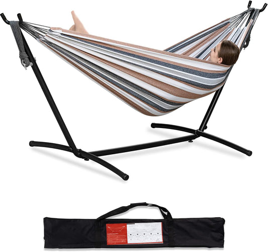 PNAEUT Double Hammocks with Stand for Outside, Portable Space Saving Heavy-Duty Steel Stand for Indoor Outdoor Patio with Carrying Bag, 450 lbs Capacity (Coffee)