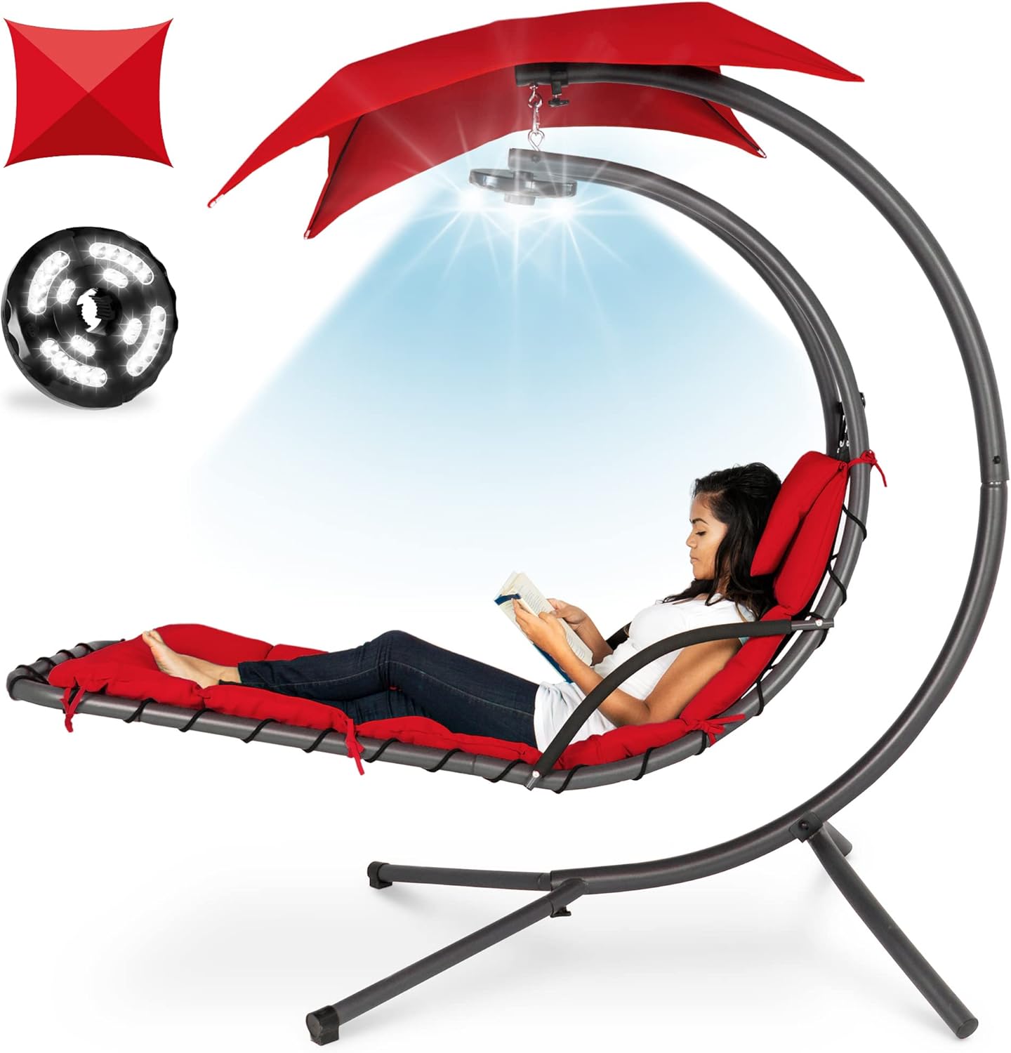 Best Choice Products Outdoor Hanging Curved Steel Chaise Lounge Chair Swing w/Built-in Pillow and Removable Canopy -Red