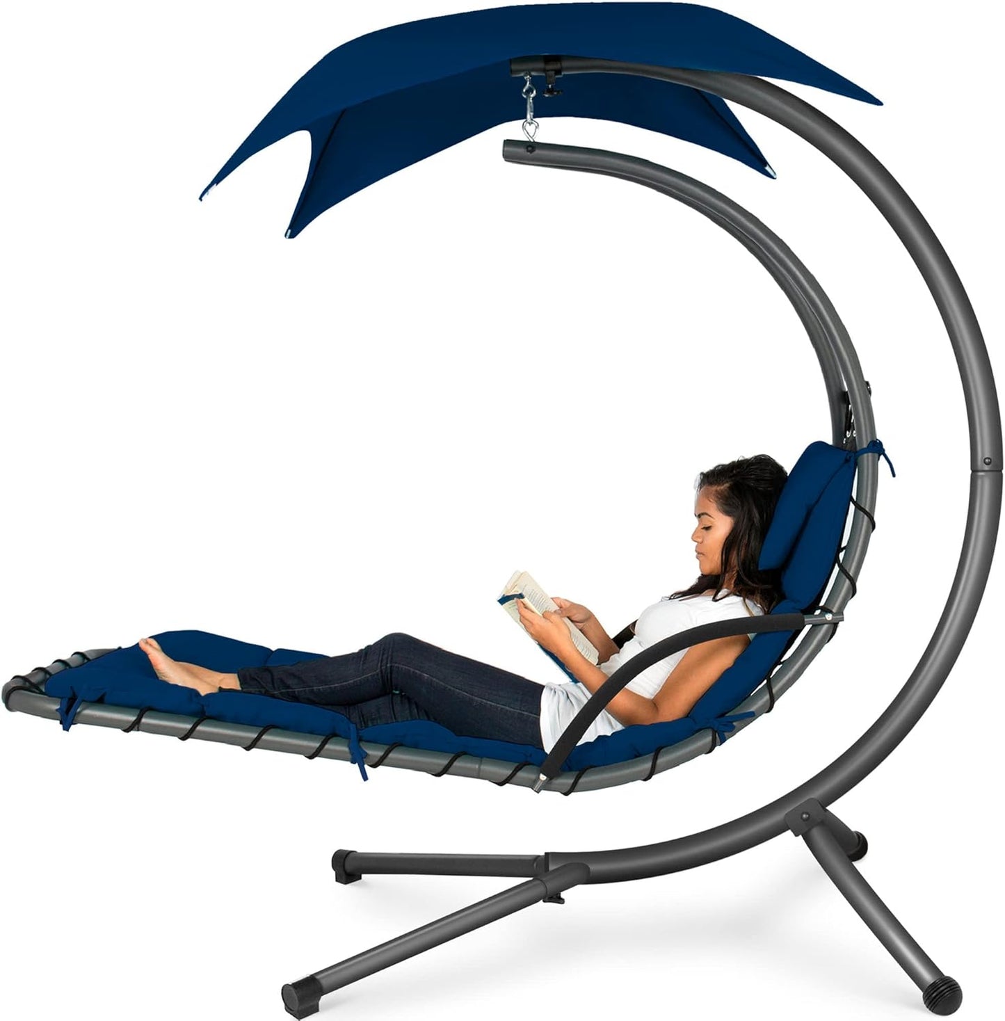 Best Choice Products Outdoor Hanging Curved Steel Chaise Lounge Chair Swing w/Built-in Pillow and Removable Canopy -Red