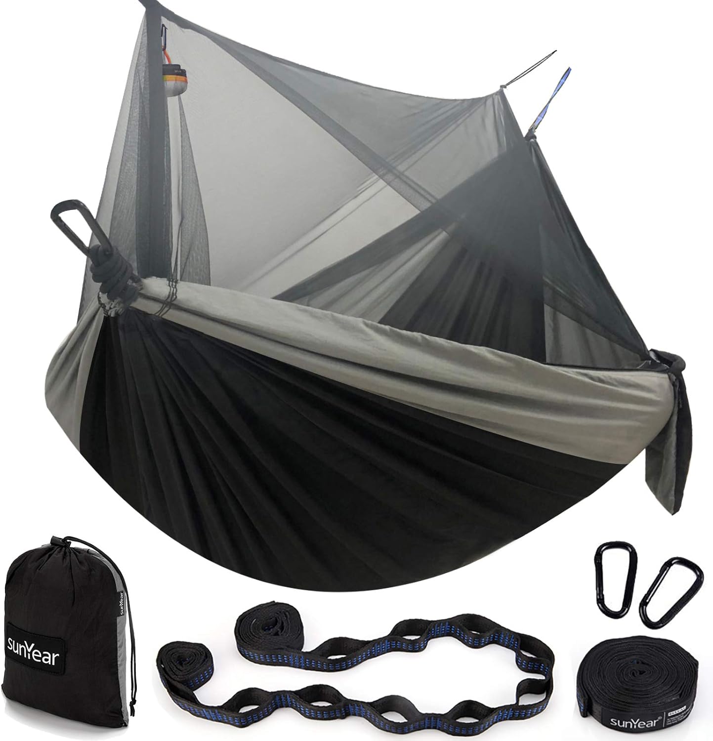 Sunyear Hammock Camping with Rain Fly Tarp and Net, Portable Camping Hammock Double Tree Hammock Outdoor Indoor Backpacking Travel & Survival, 2 Tree Straps,100% Waterproof