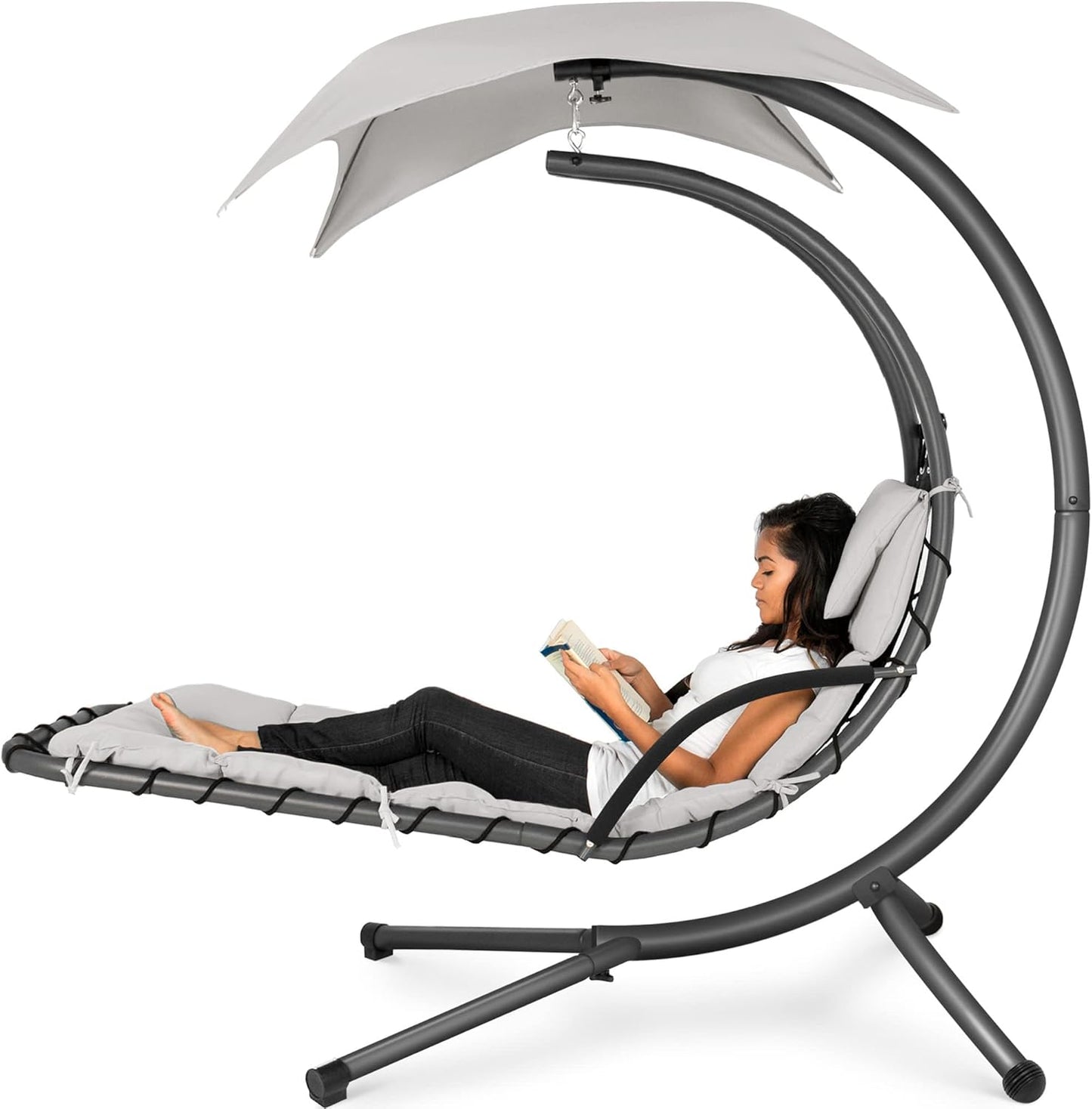 Best Choice Products Outdoor Hanging Curved Steel Chaise Lounge Chair Swing w/Built-in Pillow and Removable Canopy -Red