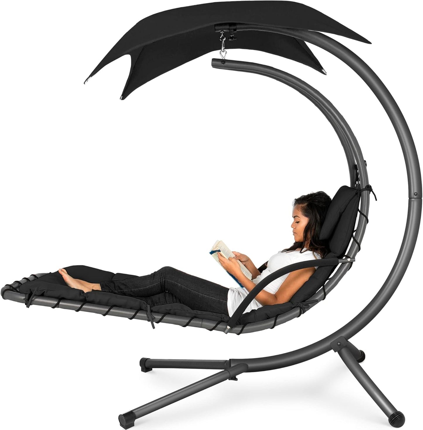 Best Choice Products Outdoor Hanging Curved Steel Chaise Lounge Chair Swing w/Built-in Pillow and Removable Canopy -Red