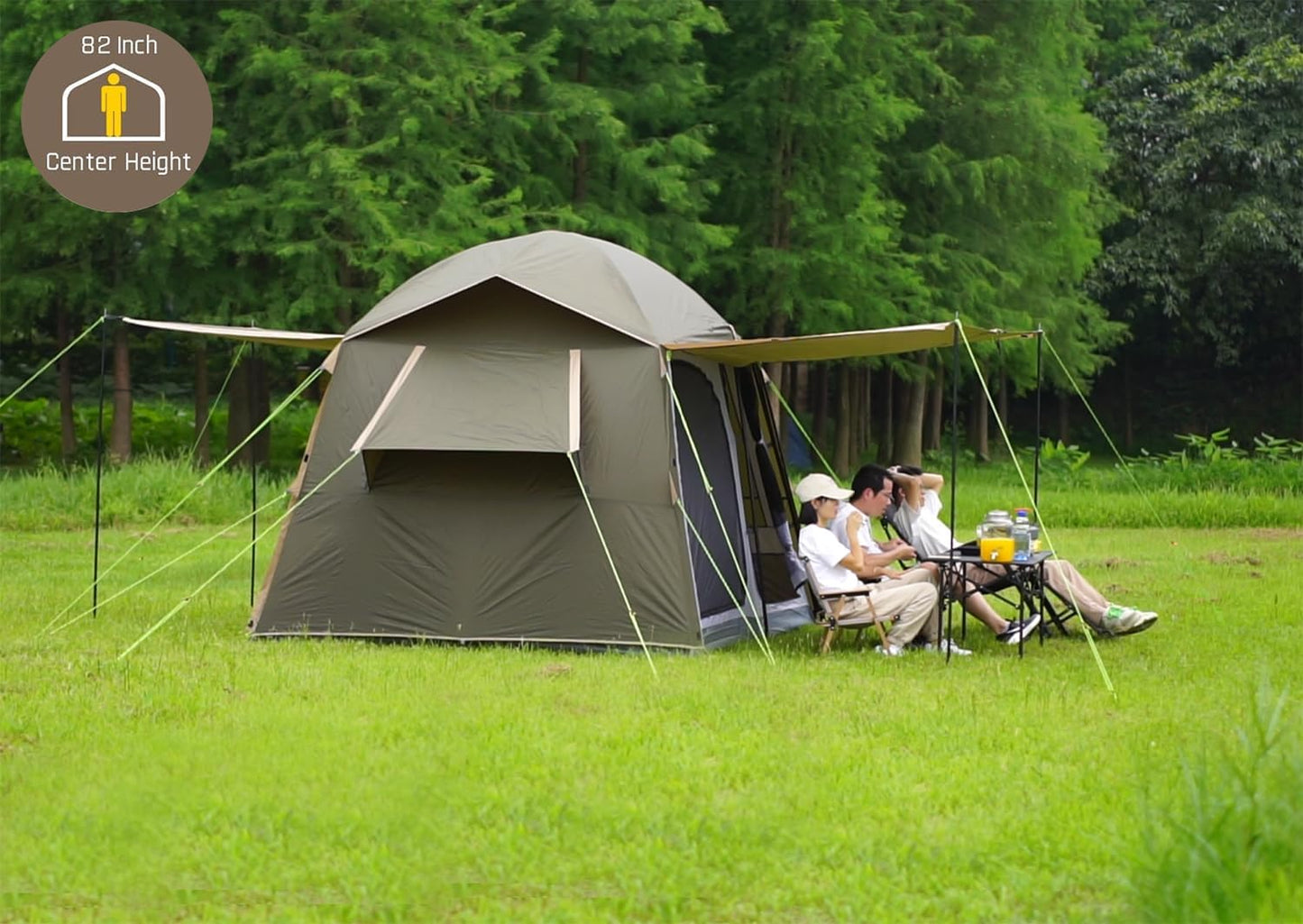 Three Bears 6-Person Tent, 3000mm Waterproof Double-Layer Tent with Room Dividers, Family Tent with Color-Coded Connection Buckles, Front and Rear Vestibules Can Be Set Up as Sunshade Canopies
