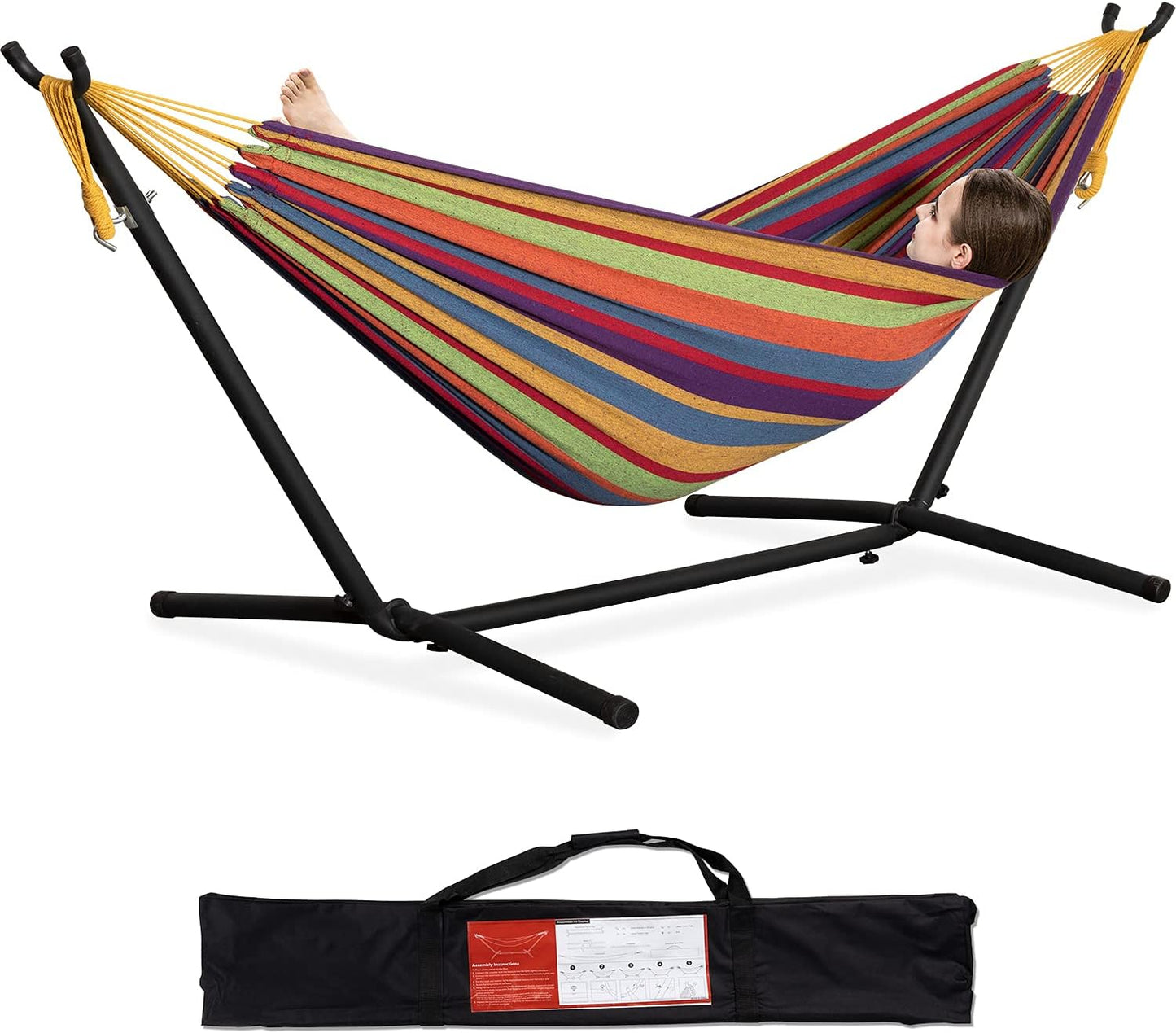PNAEUT Double Hammocks with Stand for Outside, Portable Space Saving Heavy-Duty Steel Stand for Indoor Outdoor Patio with Carrying Bag, 450 lbs Capacity (Coffee)