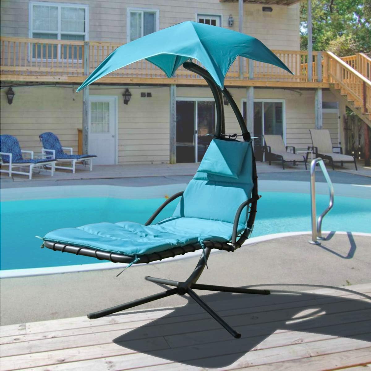 Patio Hanging Chaise Outdoor Lounger Padded Cushion Swing Hammock Chair w/Sun Shade Canopy Umbrella Stand [Orange]