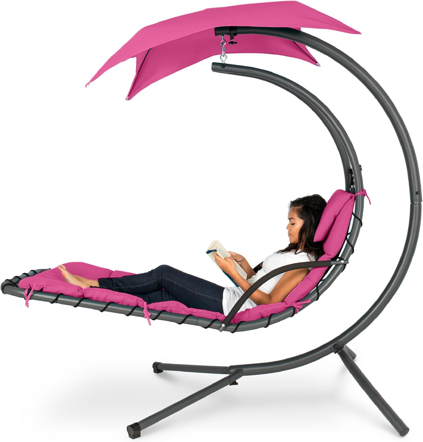 Best Choice Products Outdoor Hanging Curved Steel Chaise Lounge Chair Swing w/Built-in Pillow and Removable Canopy -Red