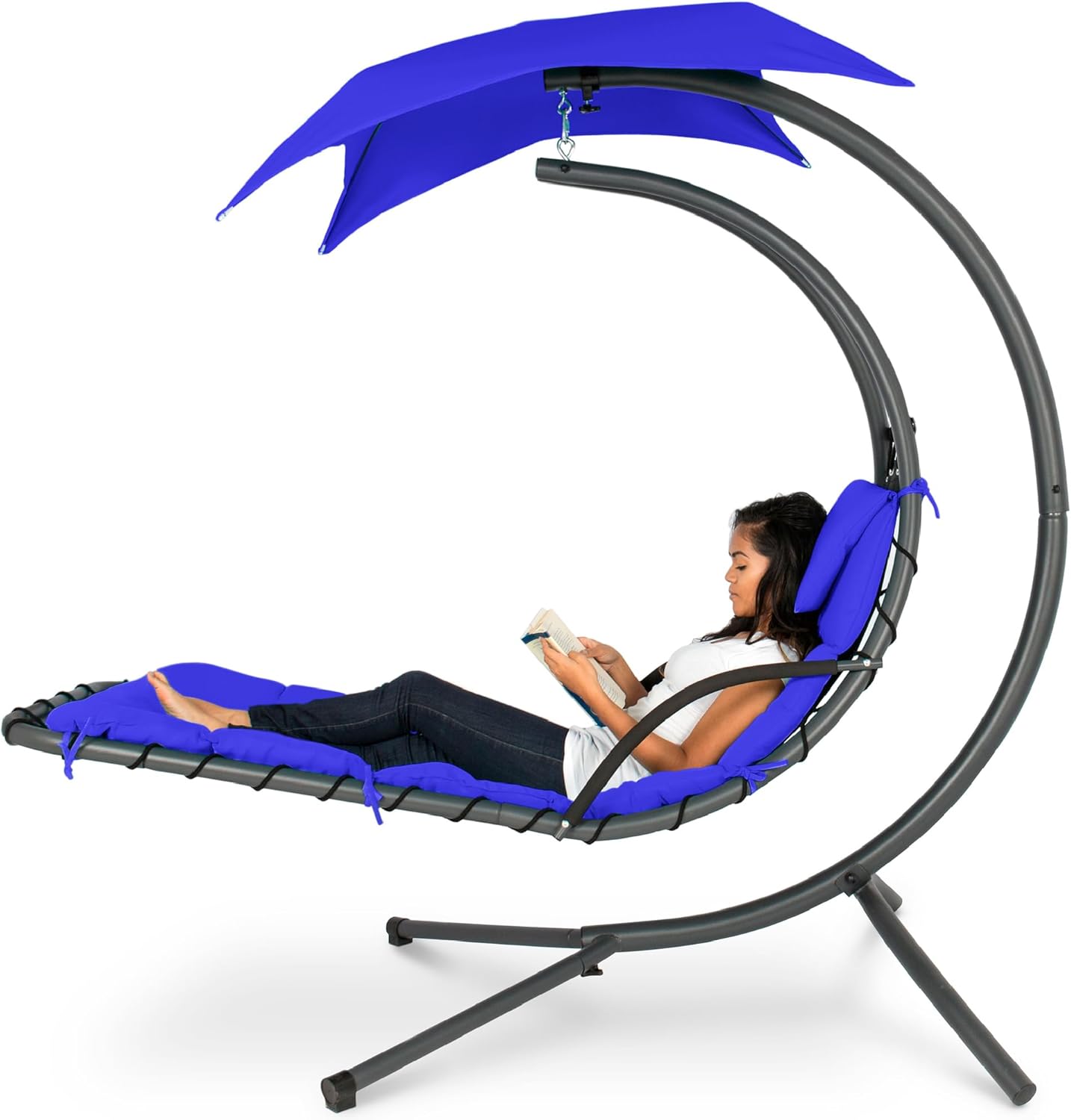 Best Choice Products Outdoor Hanging Curved Steel Chaise Lounge Chair Swing w/Built-in Pillow and Removable Canopy -Red