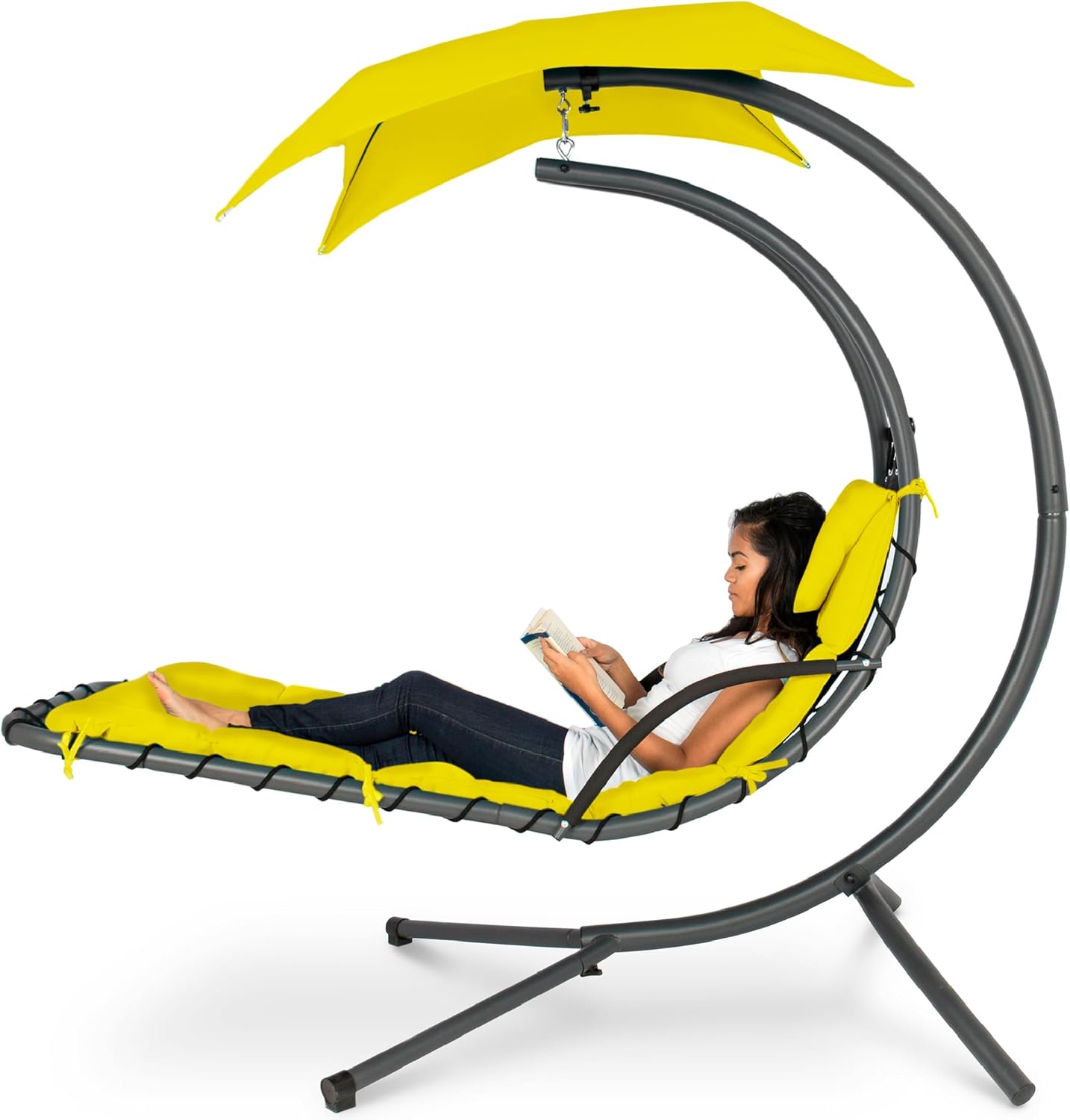 Best Choice Products Outdoor Hanging Curved Steel Chaise Lounge Chair Swing w/Built-in Pillow and Removable Canopy -Red