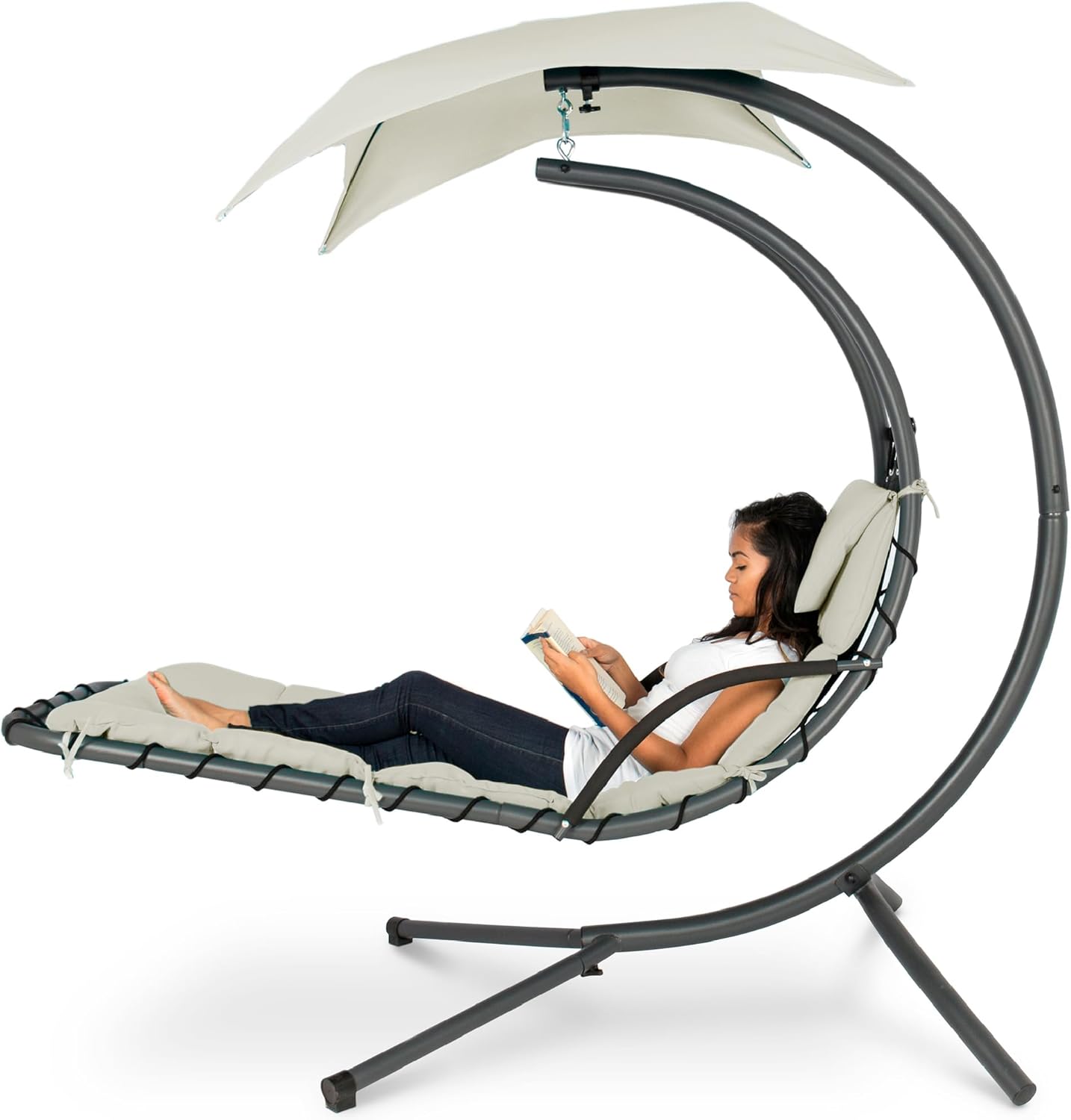 Best Choice Products Outdoor Hanging Curved Steel Chaise Lounge Chair Swing w/Built-in Pillow and Removable Canopy -Red