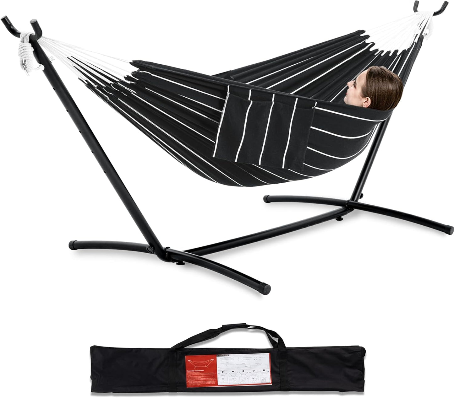 PNAEUT Double Hammocks with Stand for Outside, Portable Space Saving Heavy-Duty Steel Stand for Indoor Outdoor Patio with Carrying Bag, 450 lbs Capacity (Coffee)