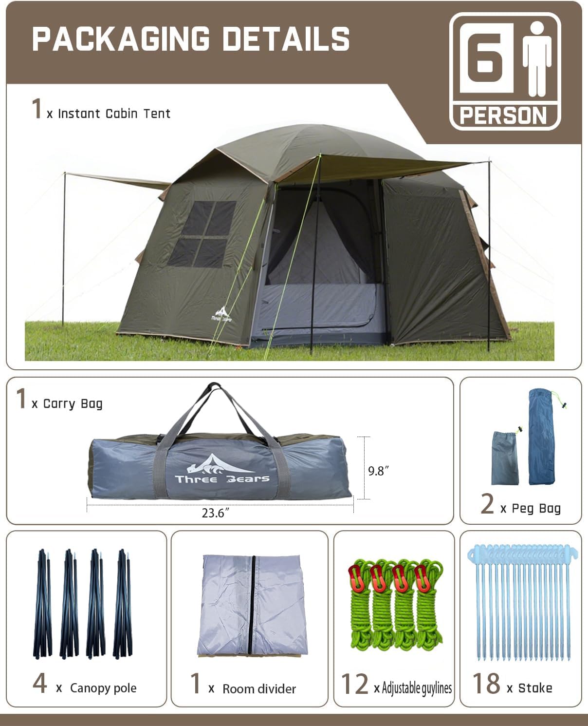 Three Bears 6-Person Tent, 3000mm Waterproof Double-Layer Tent with Room Dividers, Family Tent with Color-Coded Connection Buckles, Front and Rear Vestibules Can Be Set Up as Sunshade Canopies