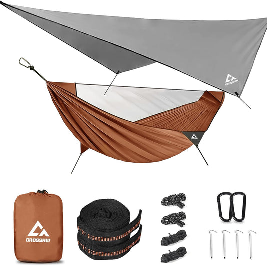 Camping Hammock Mosquito Net with Rain Fly - Rain Fly Tarp & Hammock Bug Net, Portable Parachute Nylon Hammock for Outdoor, Hiking, Backpacking, Backyard, Beach, Travel (Hold Up to 500lbs)