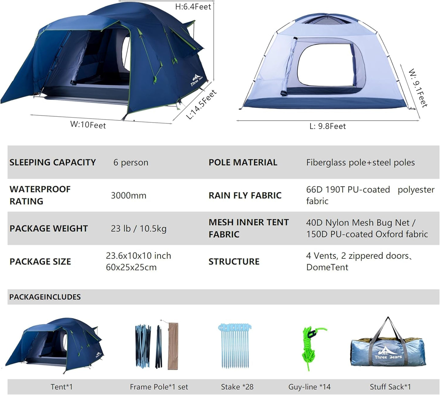 Three Bears Family Camping Tent - 6-Person Spacious Design, 3000mm Waterproof, Suitable for Road Trips/Backyards/Extended Camping Adventures in All Scenarios