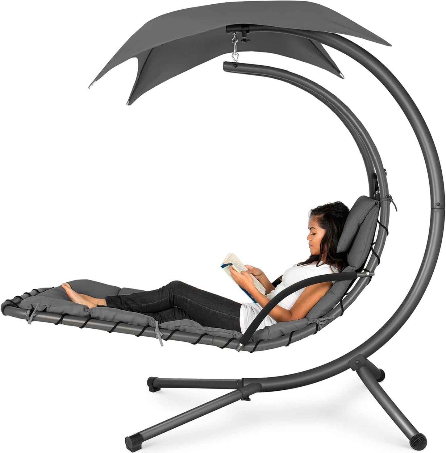 Best Choice Products Outdoor Hanging Curved Steel Chaise Lounge Chair Swing w/Built-in Pillow and Removable Canopy -Red