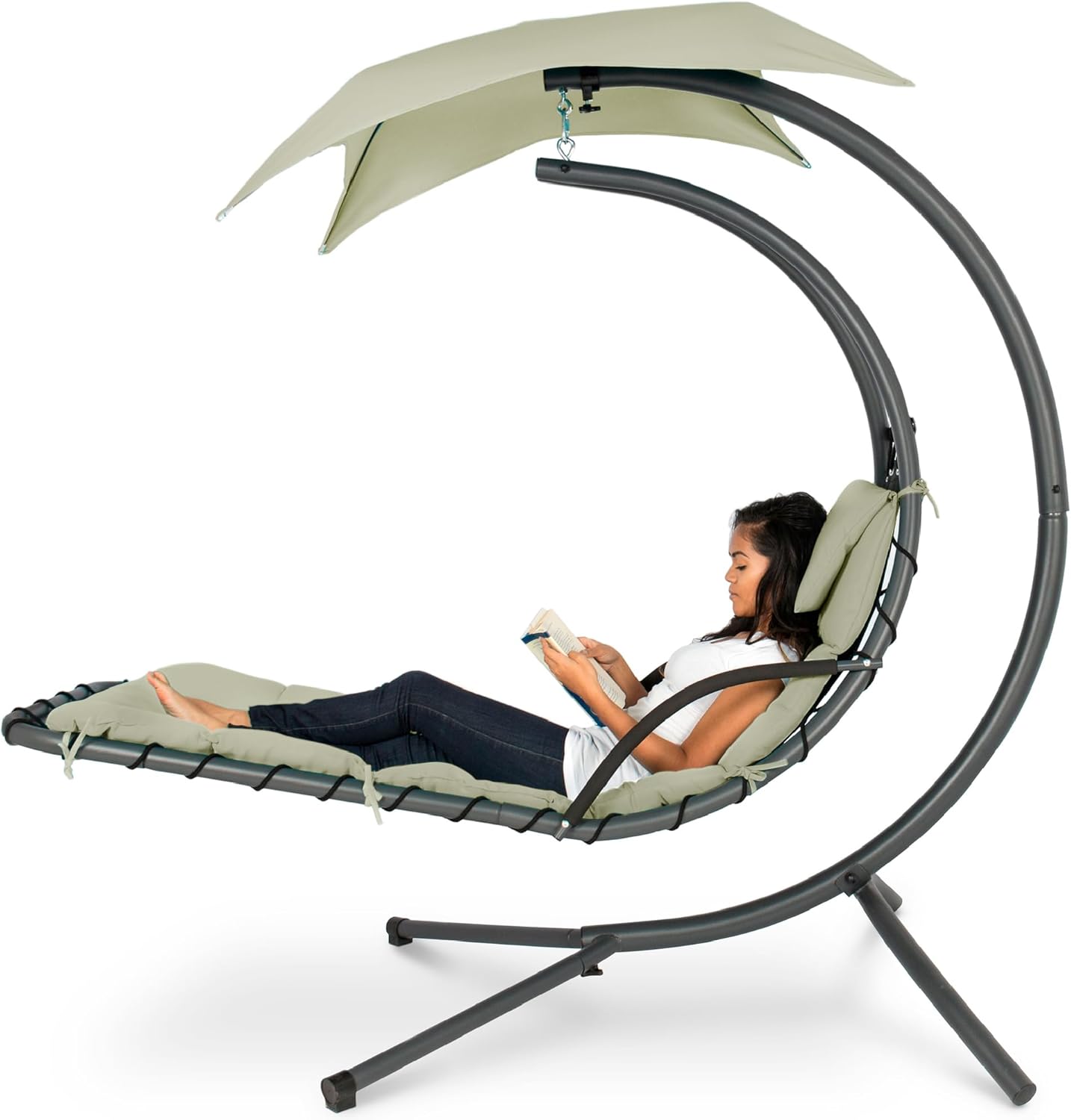 Best Choice Products Outdoor Hanging Curved Steel Chaise Lounge Chair Swing w/Built-in Pillow and Removable Canopy -Red