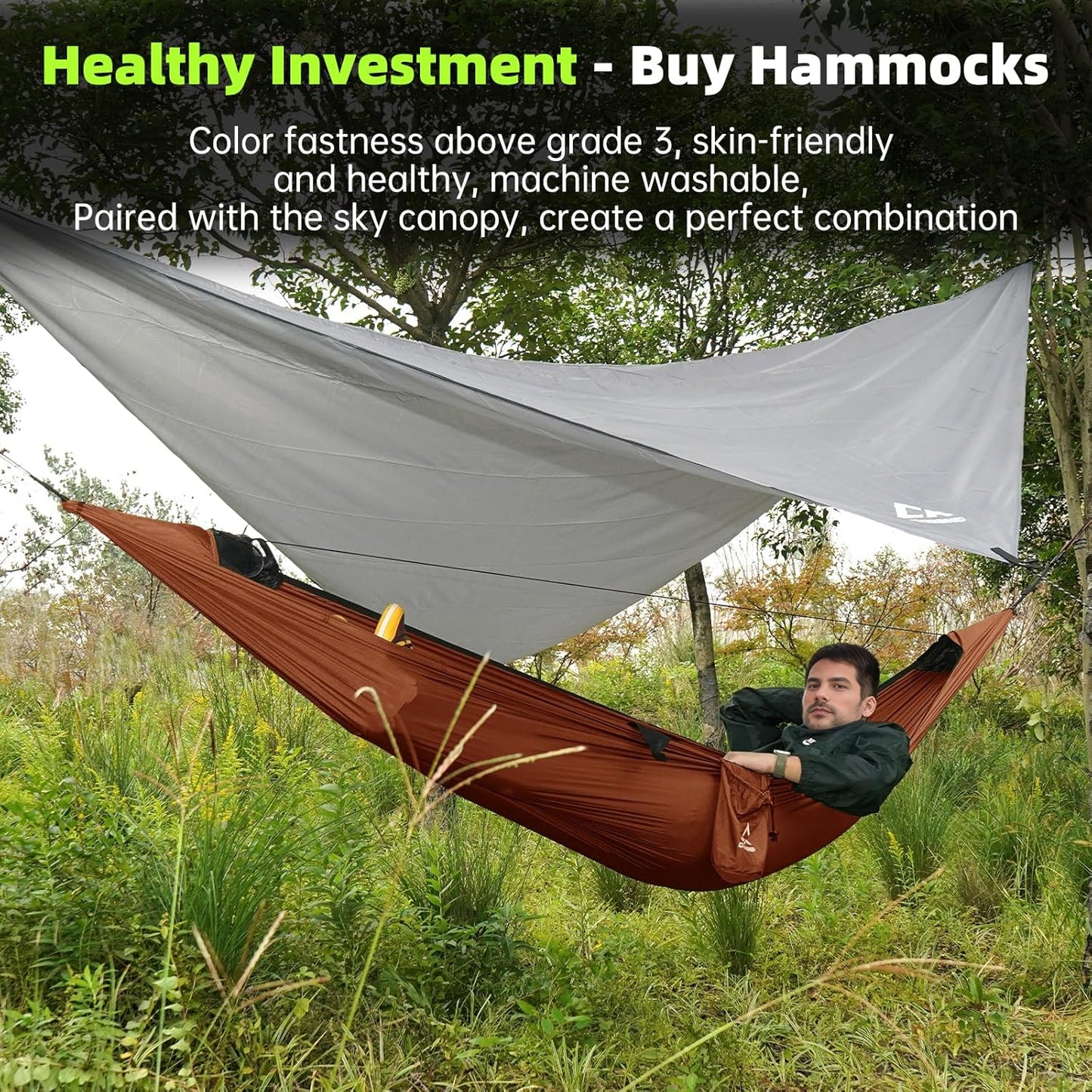 Camping Hammock Mosquito Net with Rain Fly - Rain Fly Tarp & Hammock Bug Net, Portable Parachute Nylon Hammock for Outdoor, Hiking, Backpacking, Backyard, Beach, Travel (Hold Up to 500lbs)