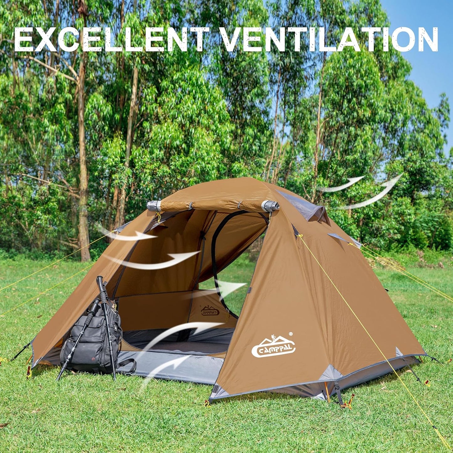 2-3 Person Backpacking Tent with Double Door 2 Vestibule, Waterproof Windproof Lightweight Easy Set Up 3 Season 2 Man Two Person Tent for Camping, Hiking, Motorcycle, Mountaineering with UPF 50+